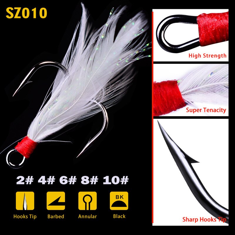 Fishing Hook 5pcs/lot High Carbon Steel Treble Hooks Fishing Jig Head Fishing Hook with Feather Fishing Tackle Fishing Lure: 3 / 8