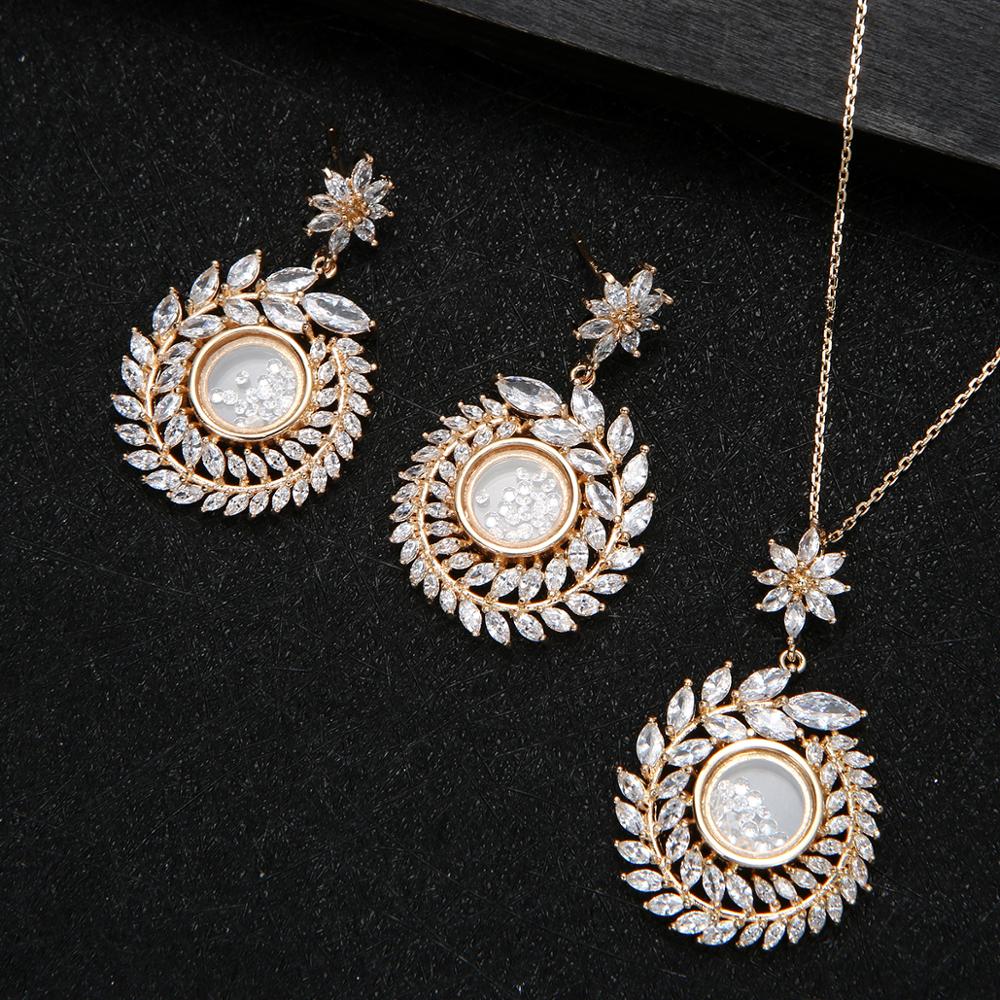 Collar de circonia cúbica + pendiente + brazalete para mujer, conjunto de joyería de boda, rama de olivo, Semi-sector, de , D1383