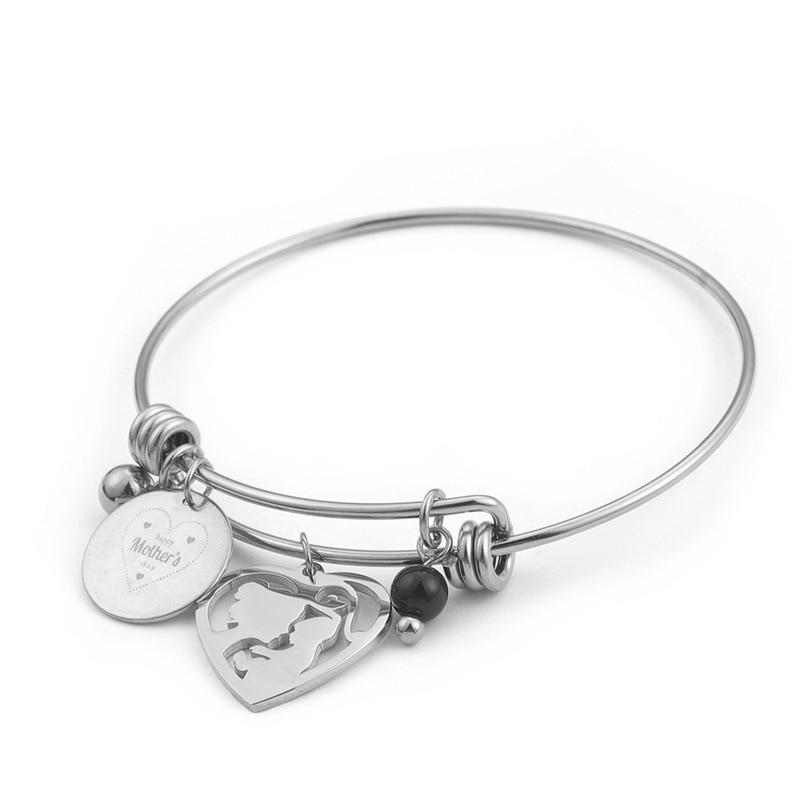Stainless Steel Mother & Baby Charm Bracelet & Bangle For Women 64mm Heart Charm Wrist Bracelet Mom's Birthday