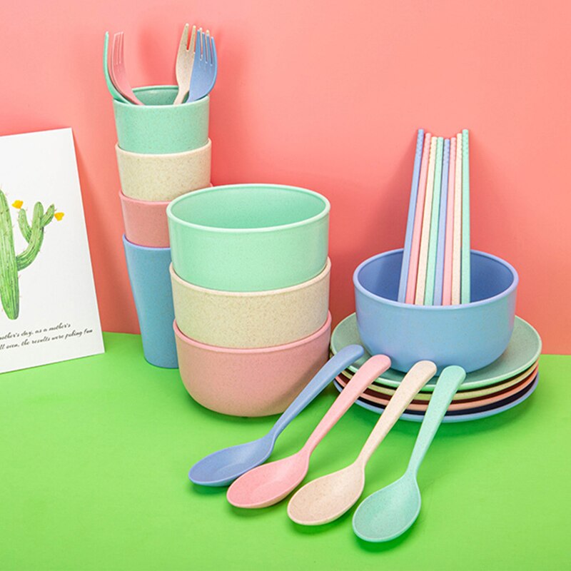6Pcs/set Baby Feeding Dishes Wheat Straw Eco-friendly Dinnerware With Bowl Cup Plate Kids Spoon Fork Chopstick Tableware MBG0553