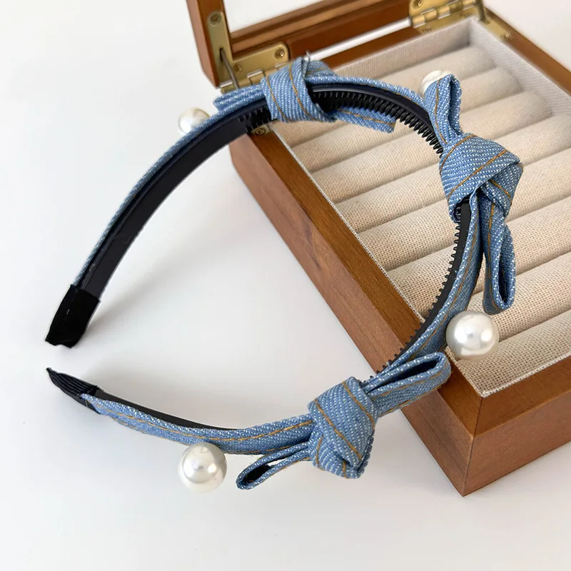 Diadema de perlas con lazo de Color azul vaquero Retro para niña, bandas para el cabello dulces para mujer, aro para el cabello con temperamento, accesorios para el cabello de femenina: Lavanda