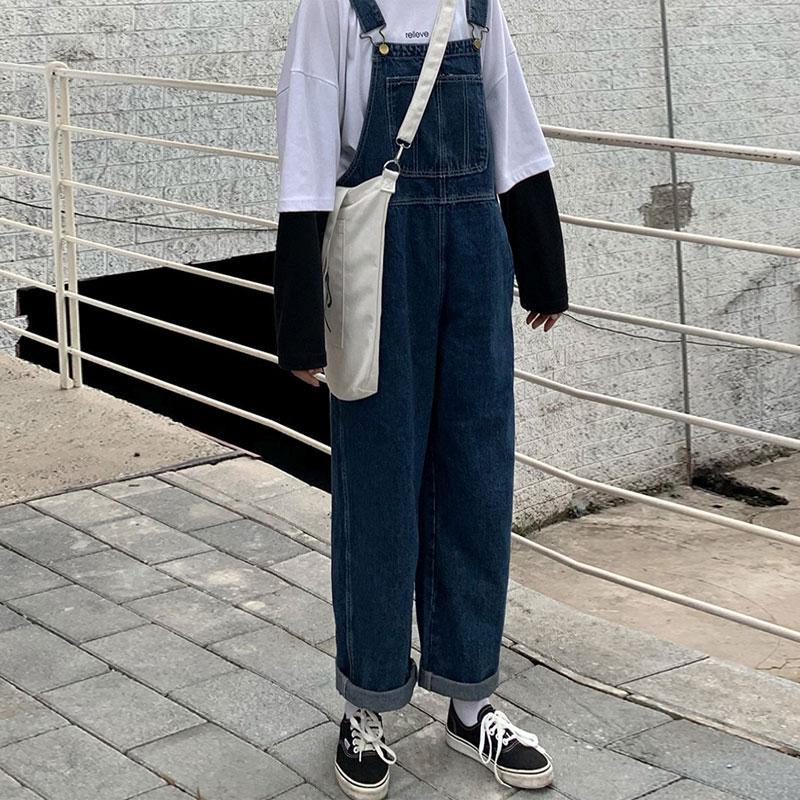 Femme jean pantalon Style japonais vêtements de travail jarretelle pantalon stylé fille ample droit mignon Vintage Style Vintage jean