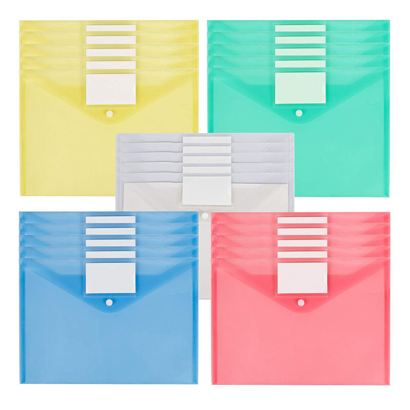 25 Pack Plastic Clear Document Folder with Label Pocket/Snap Button Closure, A4 Size, File Envelopes for School Home Work Office