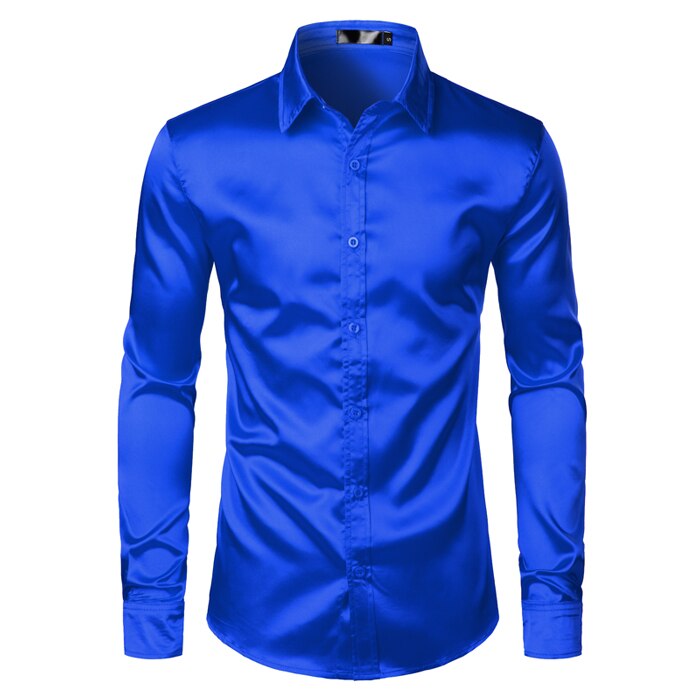 Chemise en satin noir pour homme, vêtement en soie lisse, coupe mince près du corps style smoking, idéal pour une fête décontractée, un mariage ou un bal, collection luxe: Royal Blue / US Size XXL