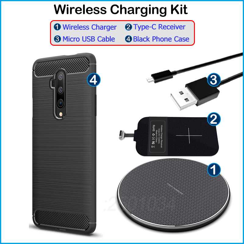 Draadloos Opladen Voor Oneplus 7T Pro Qi Draadloze Oplader + Usb Type C Ontvanger Adapter Zachte Tpu Case voor Oneplus 7T Pro: Wireless Charger Kit