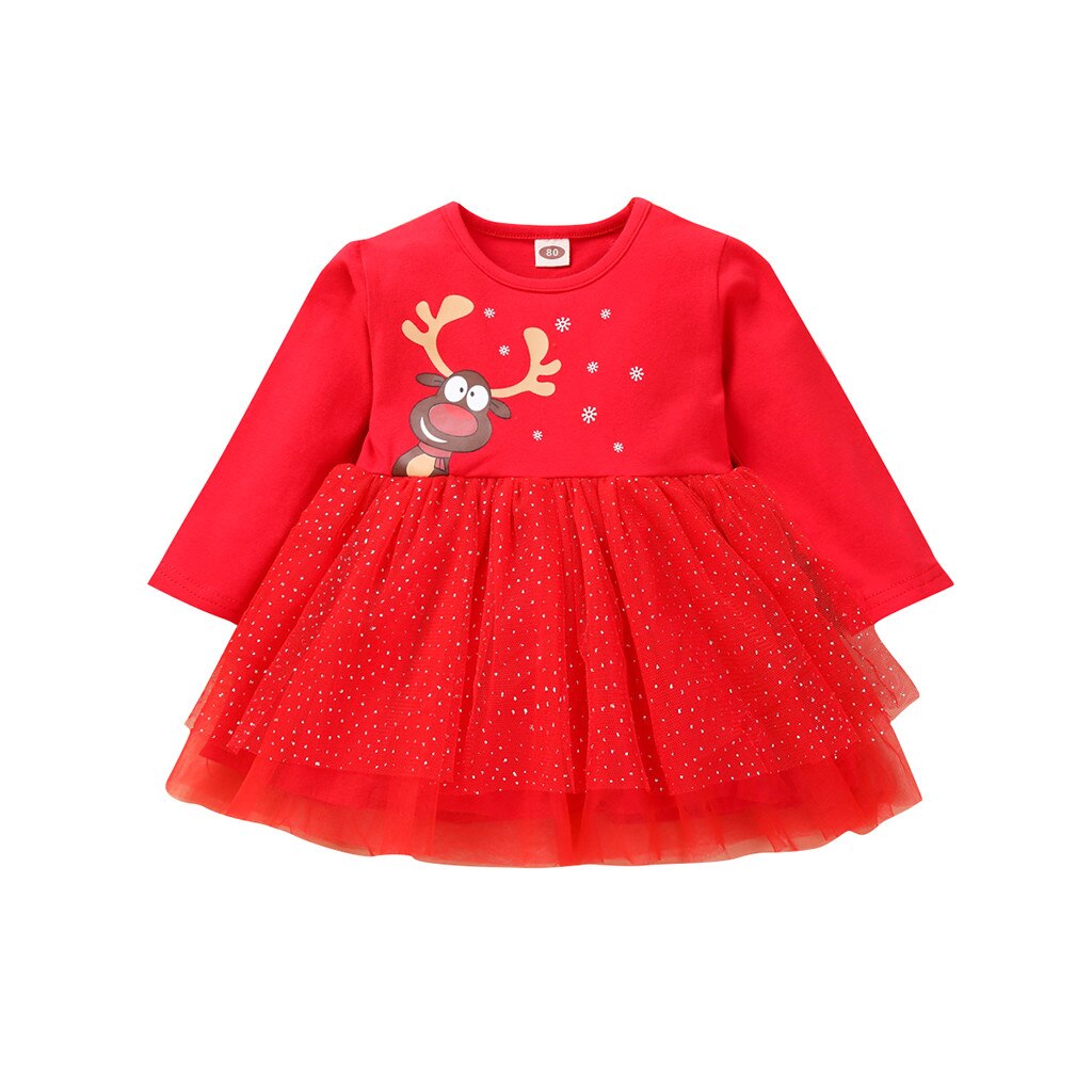 Christmas Dress Girl 12m-4t Newborn Youth Teen Girl Long Sleeve Christmas Day Cartoon Deer Tulle Dress Vestido De Niñas: 24M
