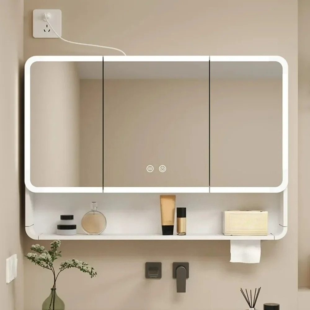 LED Bathroom Mirror Cabinet Anti Fog Wall Mounted Storage Mirror Carbon Fiber Rounded Corner Makeup Mirror