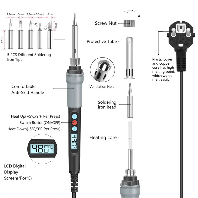 Handskit 110V/220V 90W Digitale Elektrische Keramische Heatersoldering Ijzer Kit Temperatuur Verstelbare Met 5 Tips Lassen gereedschap