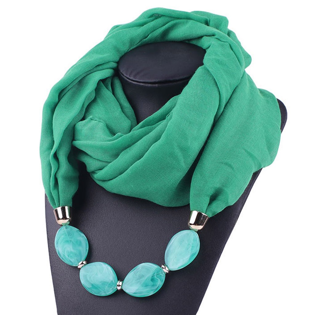 Collier de bijouterie décoratif multi-style | Collier en résine de perles, pendentif écharpe pour femmes, foulards de tête Hijab en coton lin doux, Echarpe # YJ Femme: Green 