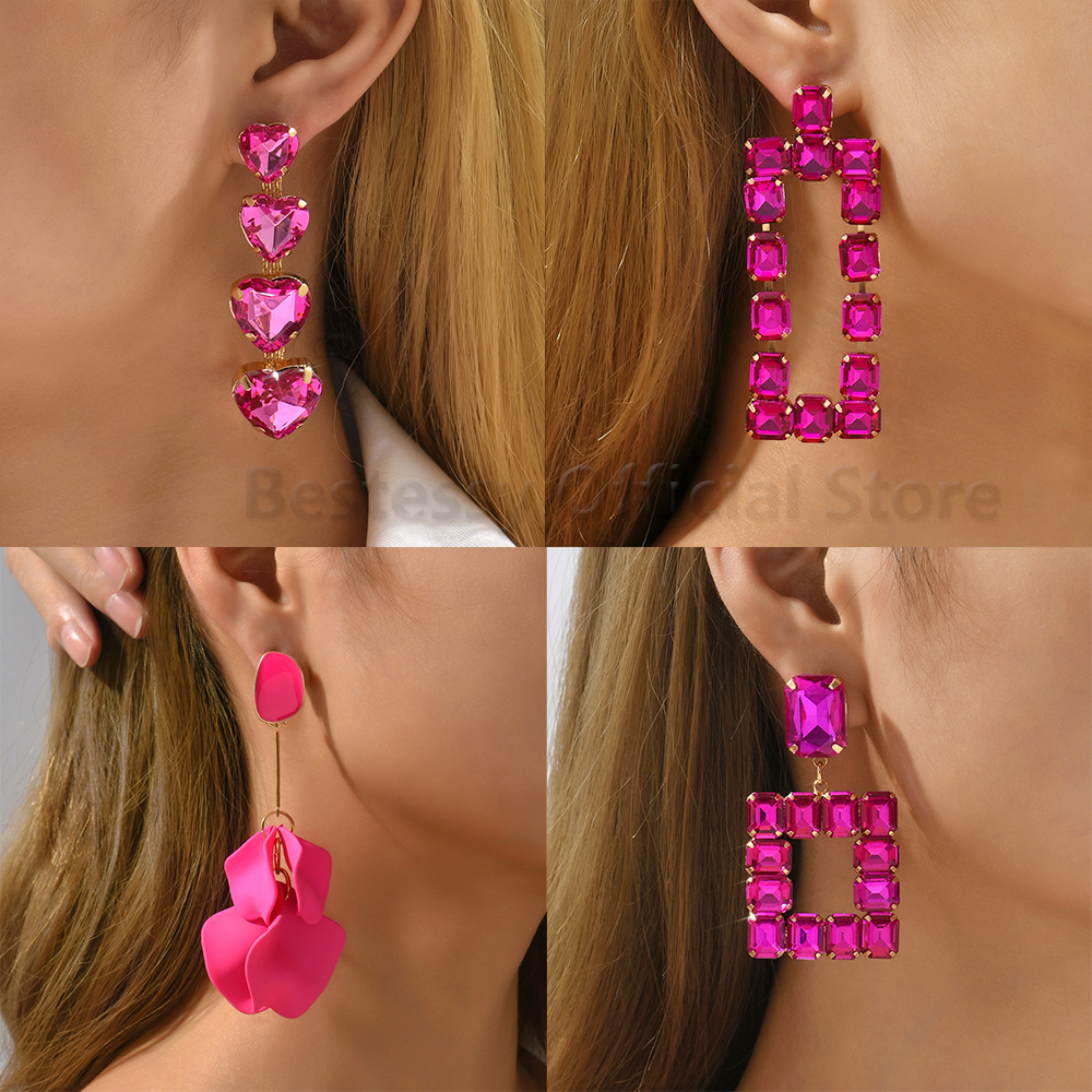 Pendientes colgantes de gota llamativos de diamantes de imitación de color rosa intenso para mujer, colgantes grandes geométricos de de lujo, de joyería para y boda