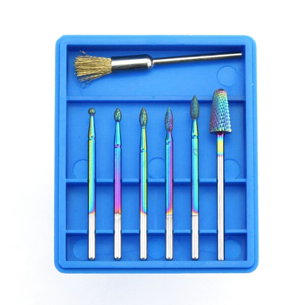 7 stk/sæt diamant hårdmetal fræser regnbue neglebor børste til manicure elektriske maskine bits burr nail art værktøjer: 7