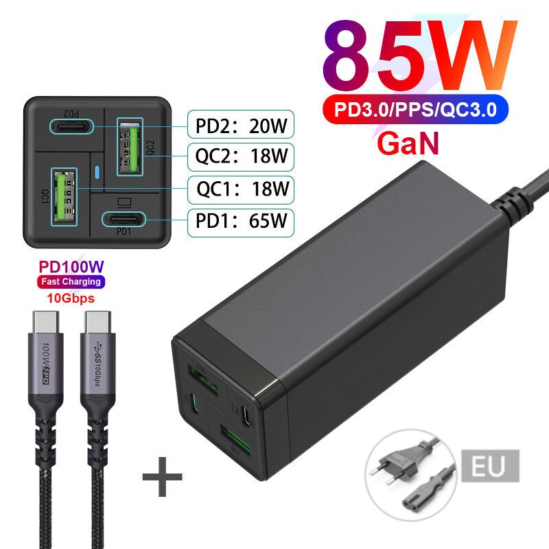 Chargeur USB C 85W, URVNS GaN Tech PD 65W PPS 33W QC 18W, Station de charge rapide USB-C pour iPhone, Samsung, MacBook: EU and Cable