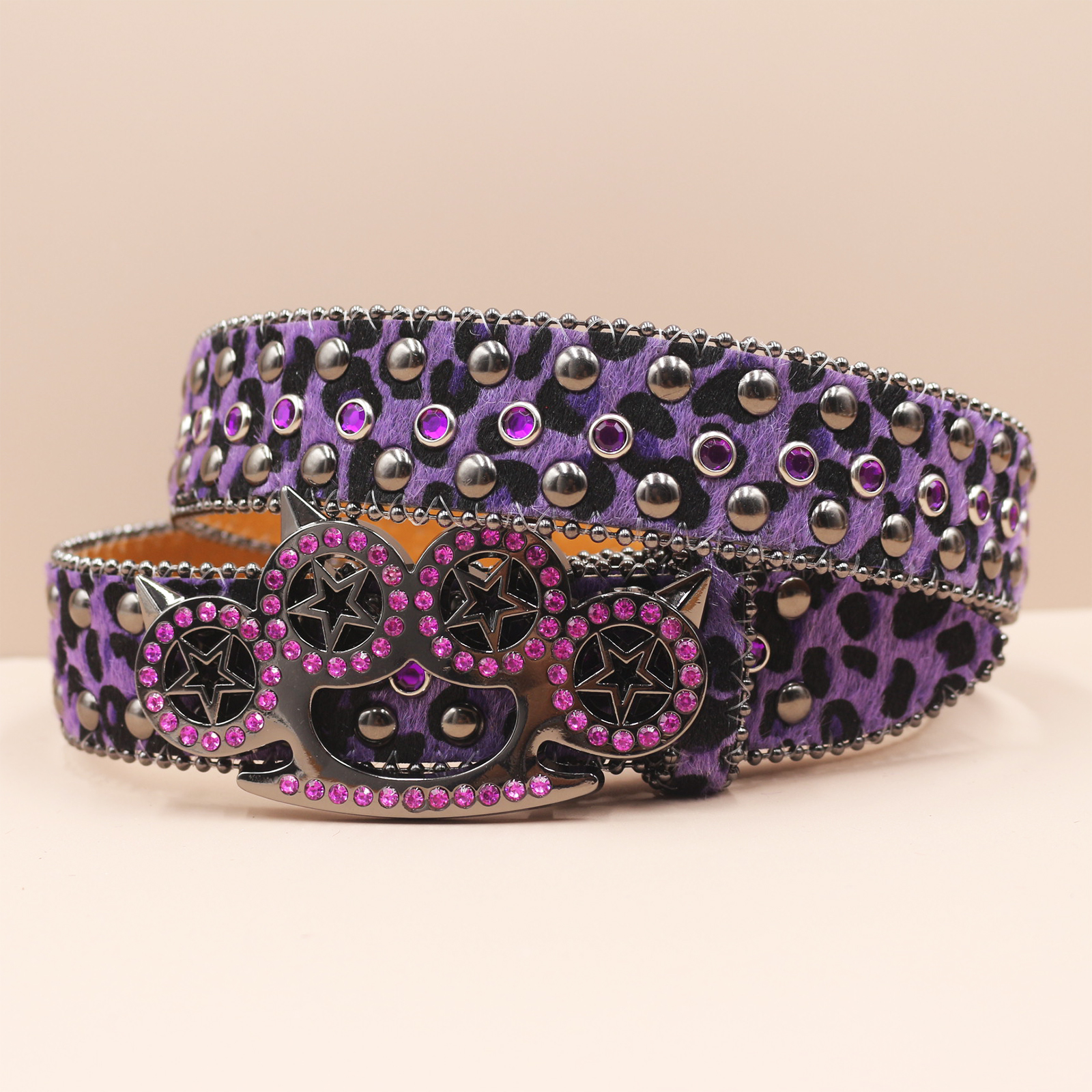 Women's Jeans Leopard Rhinestone Large Size Belt Men's Belt Western Denim Shiny Rivet Leather HipHop Rock Y2K Style Belt: PURPLE / 105CM