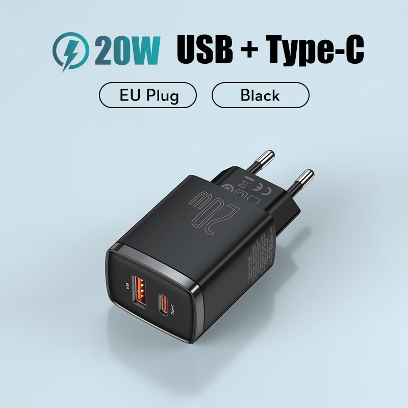 Baseus 20W caricabatterie USB tipo C Dual USB adattatore per ricarica rapida caricabatterie PD caricabatterie da viaggio portatile per iphone 12 13 pro Xiaomi: EU balck