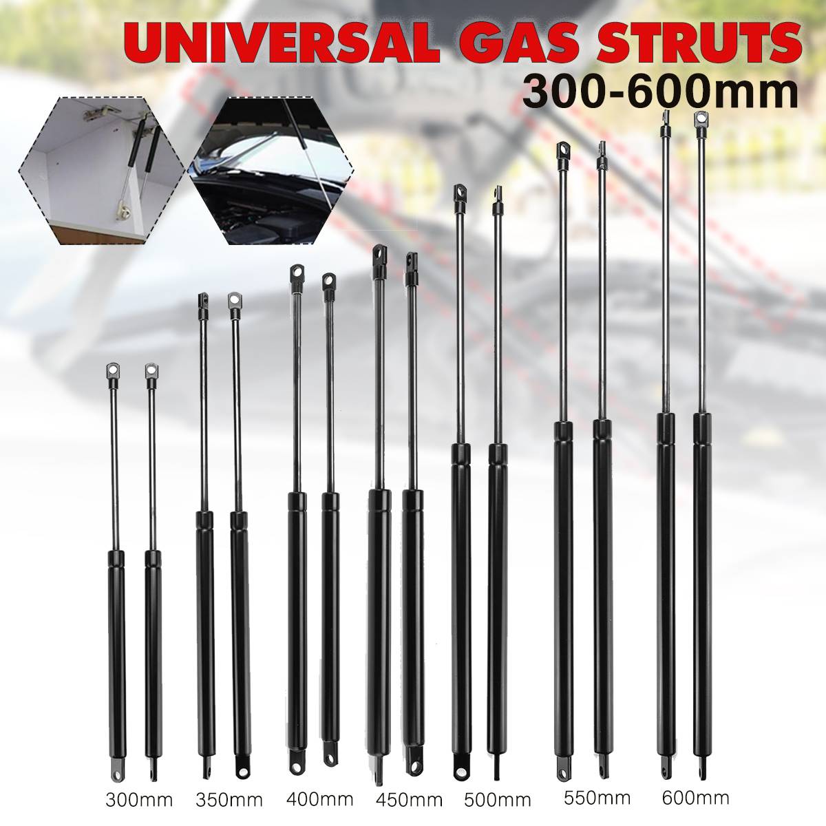 2pcs 300-600mm 300N Car Gas Struts Bonnet Hood Trunk Tailgate Shock Lift Strut Support Bar Gas Spring Bus Bed Truck Boat Window
