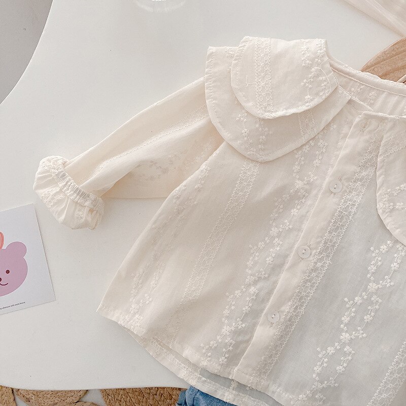 Chemise en coton à manches longues pour fille, chemisier blanc brodé à gros revers, Blouse à volants, chemisier ajouré à fleurs pour enfants