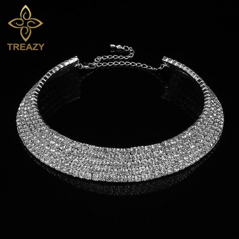 TREAZY Women Diamante Rhinestone Choker Necklace Silver Color Wedding Bridal Party Crystal Collar Choker Chain Necklace Jewelry: Silver 5 Row Crystal