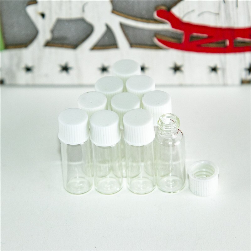 1ml miniglasflaskor flaskor vit plastlock tomma små genomskinliga glasflaskor skruvkork 10*28*6mm 100 st