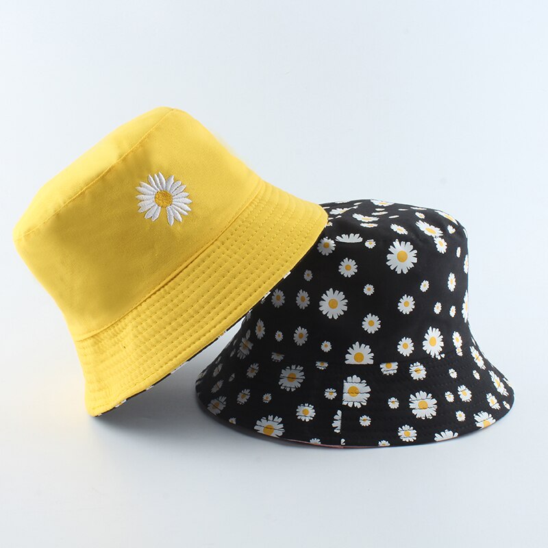 Zomer Bloem Emmer Hoeden Vrouwen Mode Katoen Strand Zon Hoeden Omkeerbaar Bob Chapeau Femme Bloemen Panama Hoed Visser Hoed: yellow MJ