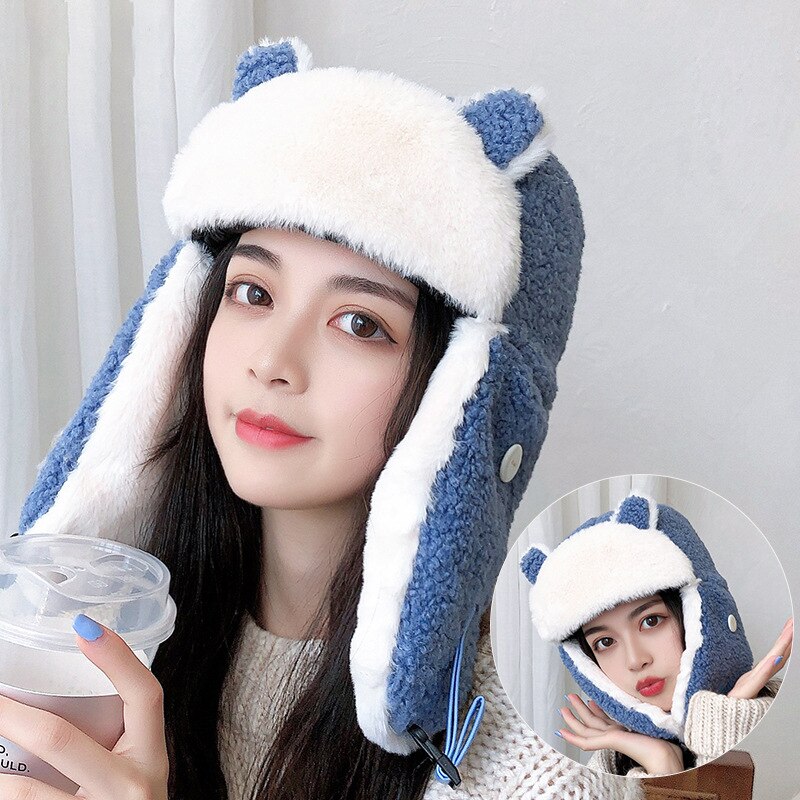 Gorro térmico 3 en 1 de piel para mujer, gorro con solapa para las orejas, máscara de esquí, para chica, a prueba de viento, Ushanka, Border, gorros de piloto: Blue