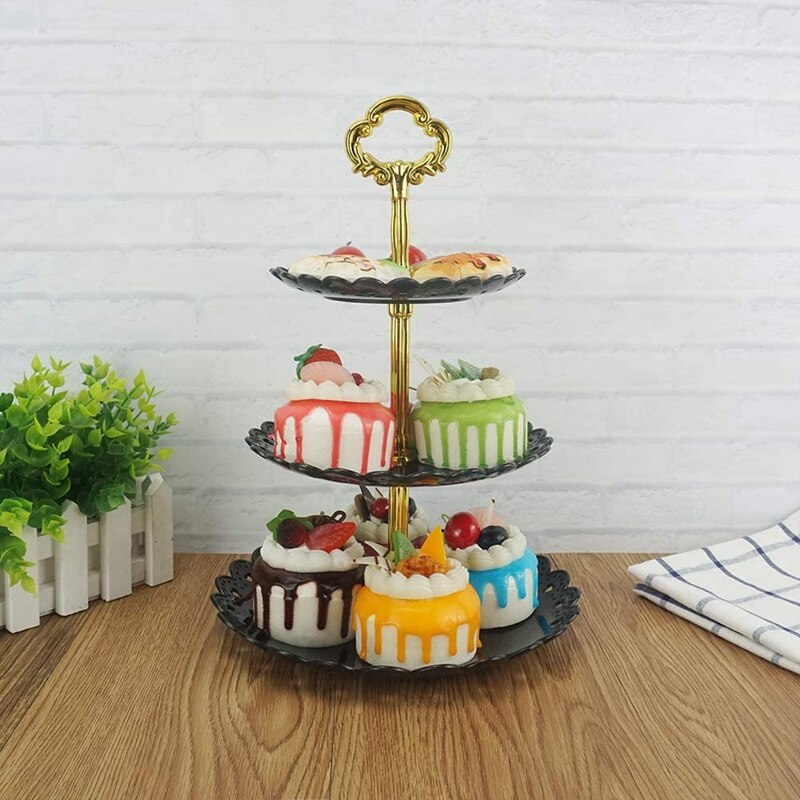 2 Pack, 3-Tier Plastic Cake Stand-Dessert Stand-Cupcake Stand-Tea Party Serving Platter Black Gold