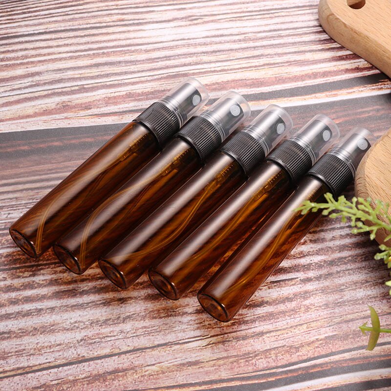 5Pcs 10Ml Amber Glazen Fles Hervulbare Spray Flessen Etherische Olie Verstuiver Voor Plantaardige Olie Essentie Parfum Opslaan Container