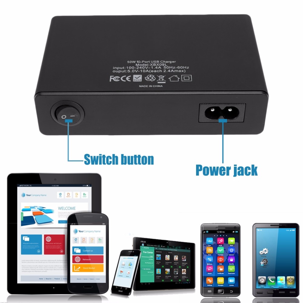Multi-usb-ladegerät mit 10 anschlüssen, tragbar, multifunktional, universell, mit netzkabel und stecker für us, au, eu und uk.