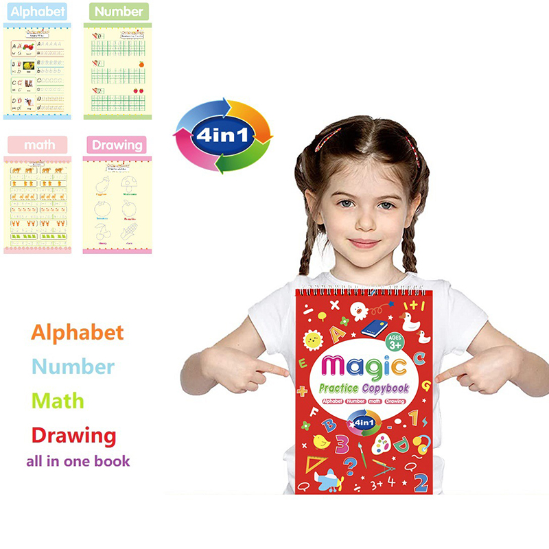 Magic Practice Copybook 4 in 1 Handwriting Practice Workbook Reusable Alphabet Number Math Drawing Copybook for Children QJY99