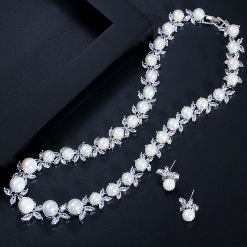 CWWZircons Shiny Cubic Zirconia Paved Round Big Pearl Bridal Wedding Party Necklace Earrings Jewelry Sets for Women T359