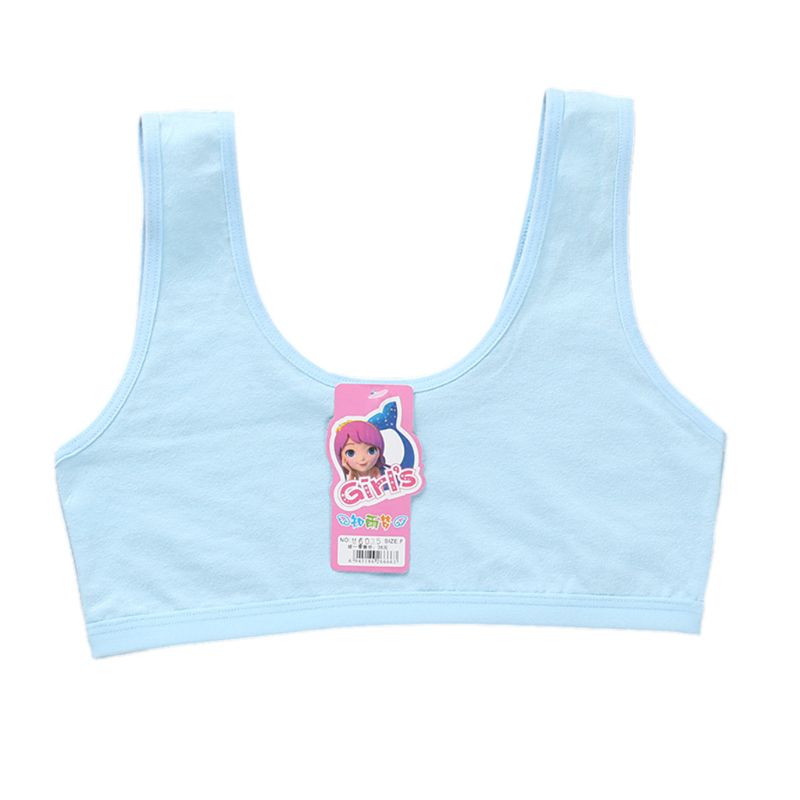 Teenage Puberty Girls Sport Training Bra Sweet Solid Candy Color Double Layer Breathable Kids Cotton Underwear Wireless Bralette: Sky Blue