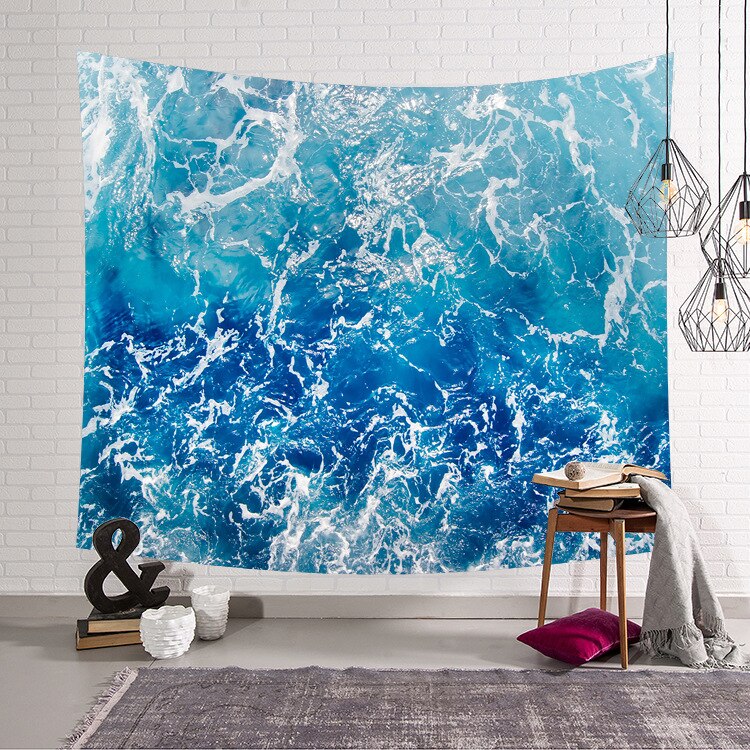 Tapisserie mer soleil océan plage tenture murale eau paysage plage décor bleu nuage bleu mousseux à la main polyester couverture: 200-150cm / 7