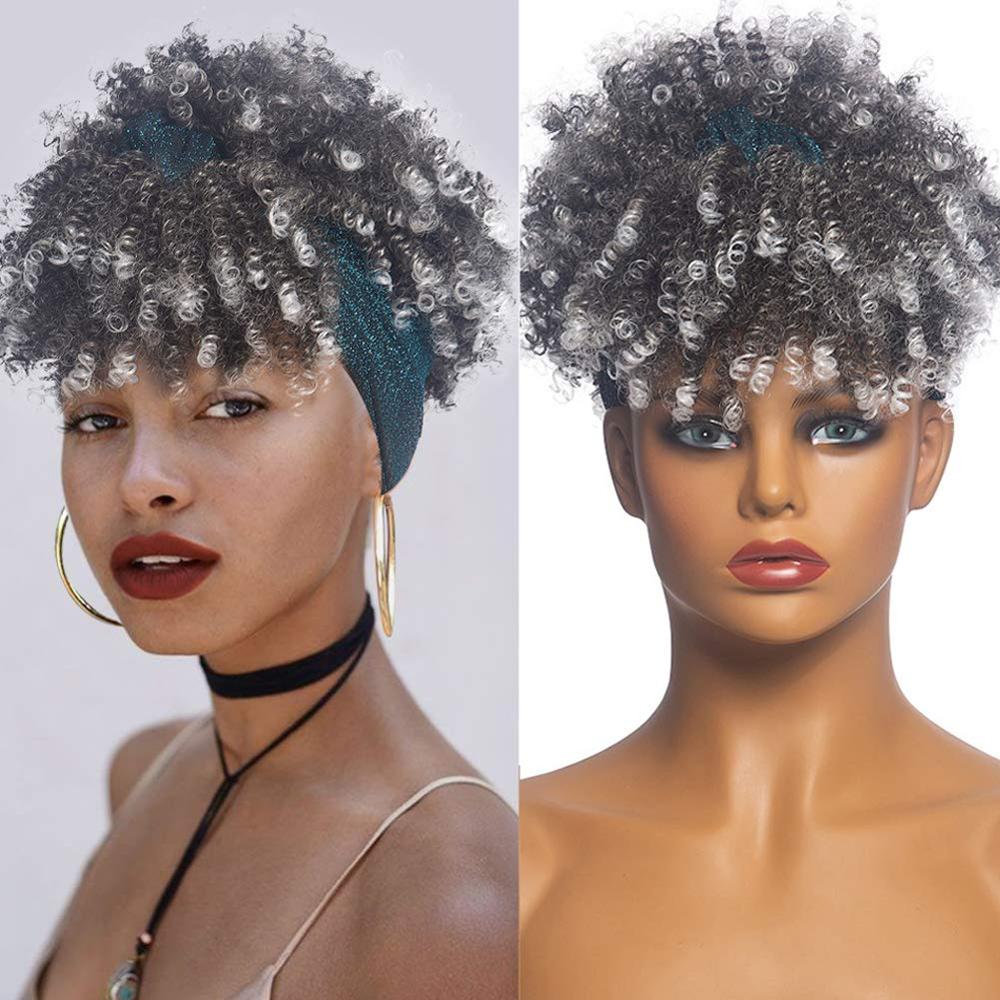 Afro Puff Turban Synthetic Wig Short Kinky Curly Headwrap Drawstring Wrap-wig 2 in 1 Updo Head-Wrap Wig for Black Women: NE5