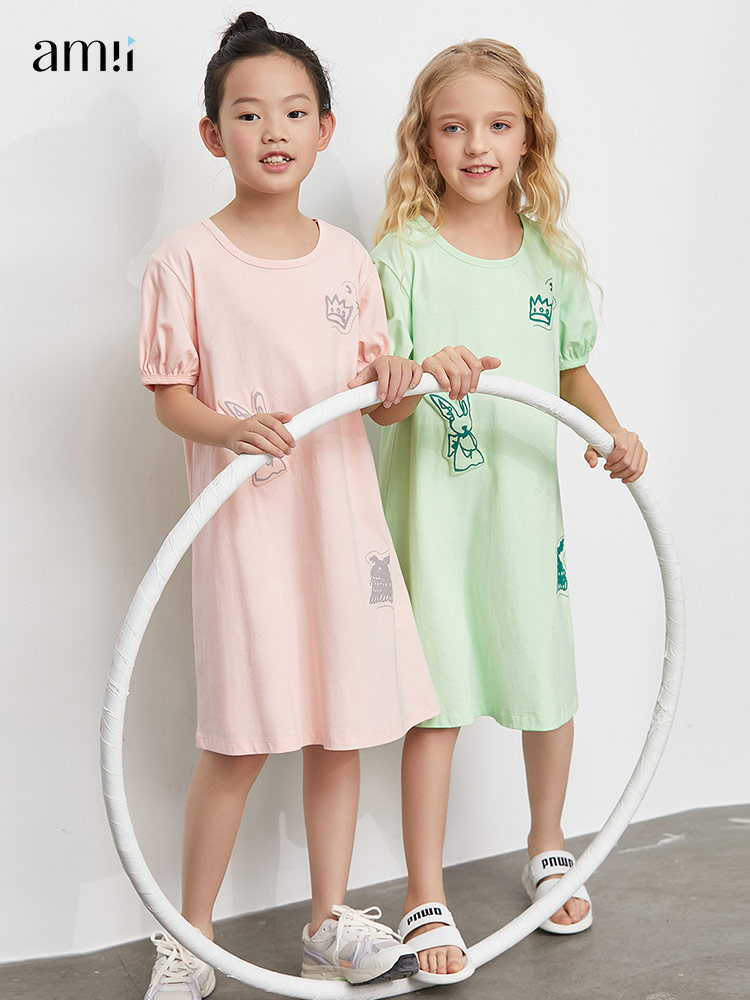 Amii Kids 3-16 Years Dress for Girls 2022 Summer Loose Casual Cotton Children Teenage Kids T-Shirt Dress Clothes 22170004