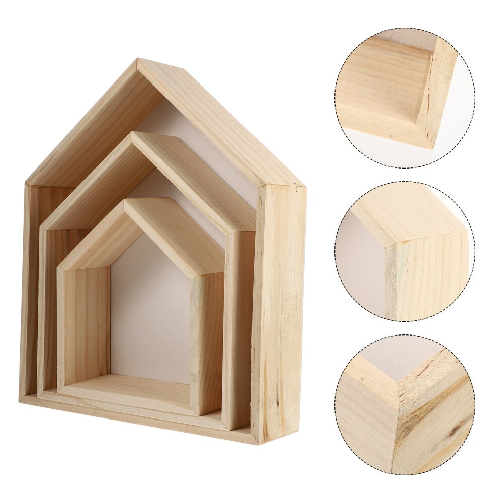 3pcs Wall Mount Household Storage Rack House Shape Wooden Display Shelf