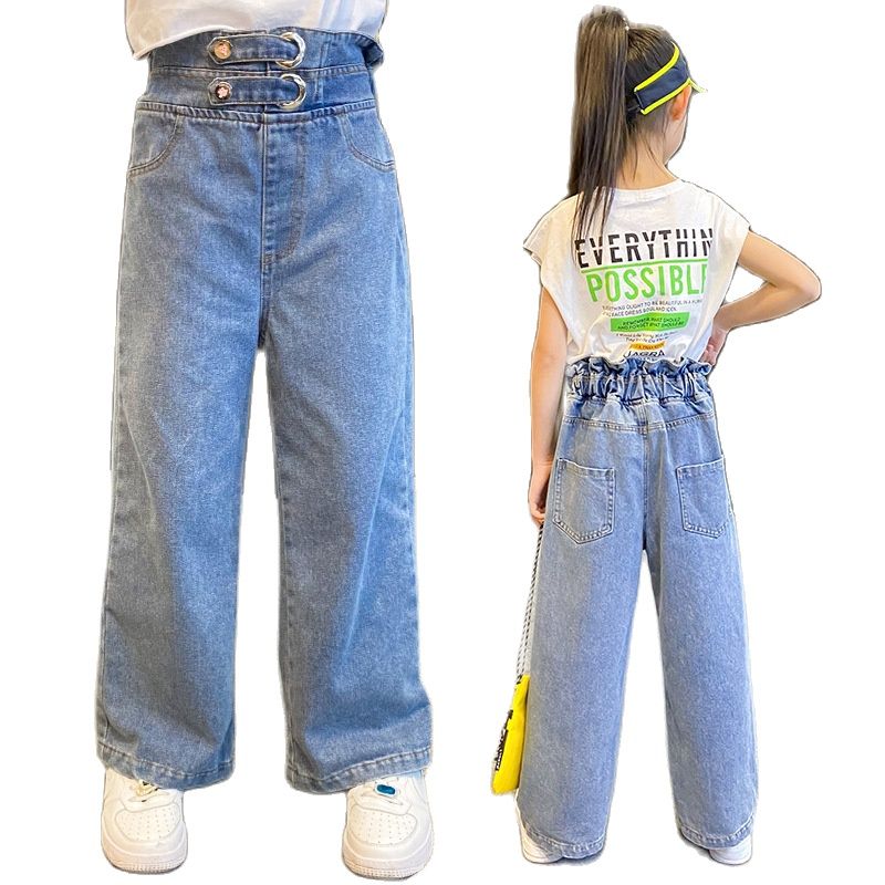 Wide Leg Jeans For Girls Teenage Children Jeans Elastic Ruffle Waist Belt Denim Pants Kids Trousers For Teen Girls 12 14