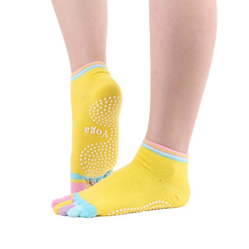 Chaussettes de Yoga à cinq doigts pour femmes, antidérapantes, colorées, en coton, avec poignées et points en Silicone antidérapants, tailles 34 à 39, paire/lot: Yellow