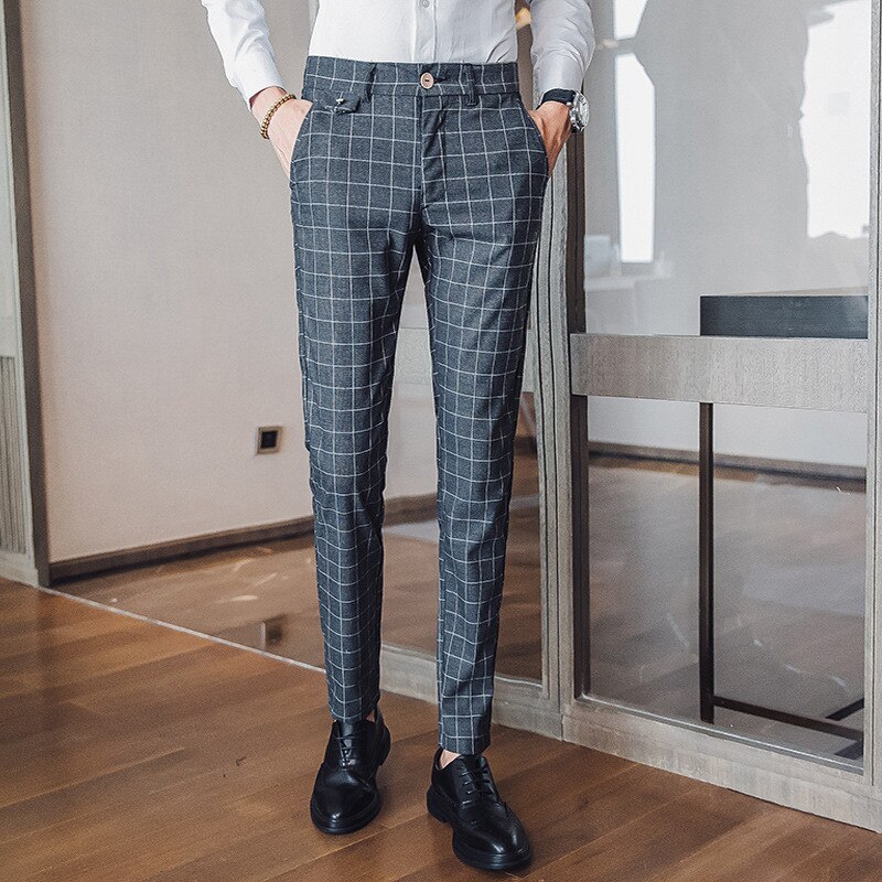 Grijze geruite casual broek heren lente en zomer rechte broek heren slim business casual pak broek heren pantalon: Grijs geruit / 28