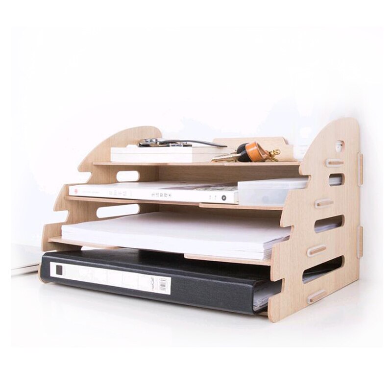Diy træ håndlavet skrivebord arrangør kontor skoleartikler skrivebord tilbehør arrangør 4 lag arkfad bogholder