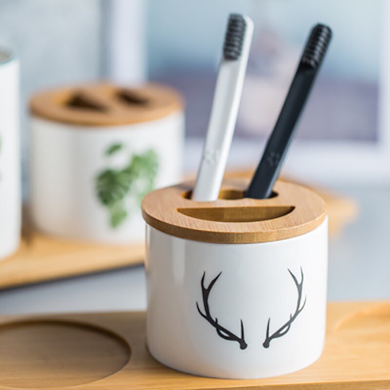 Multifunctionele Keramische Tandenborstelhouder Mond Cup Met Houten Lade Pen Case Badkamer Opslag Decoratie Accessoires Water Cup