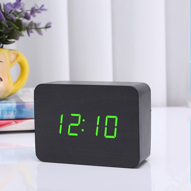 Digitale LED Zwarte Houten Desktop Wekker Met Thermometer Sound Control Elektronische Kunstenaar Woninginrichting Raden: Black wood green lig