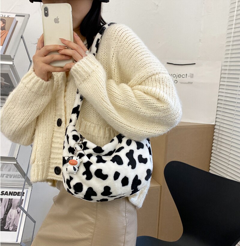 Koreanische ulzzang-plüschkuh-damentasche  y2k vintage harajuku kawaii große handtasche süße vintage-damenschultertasche