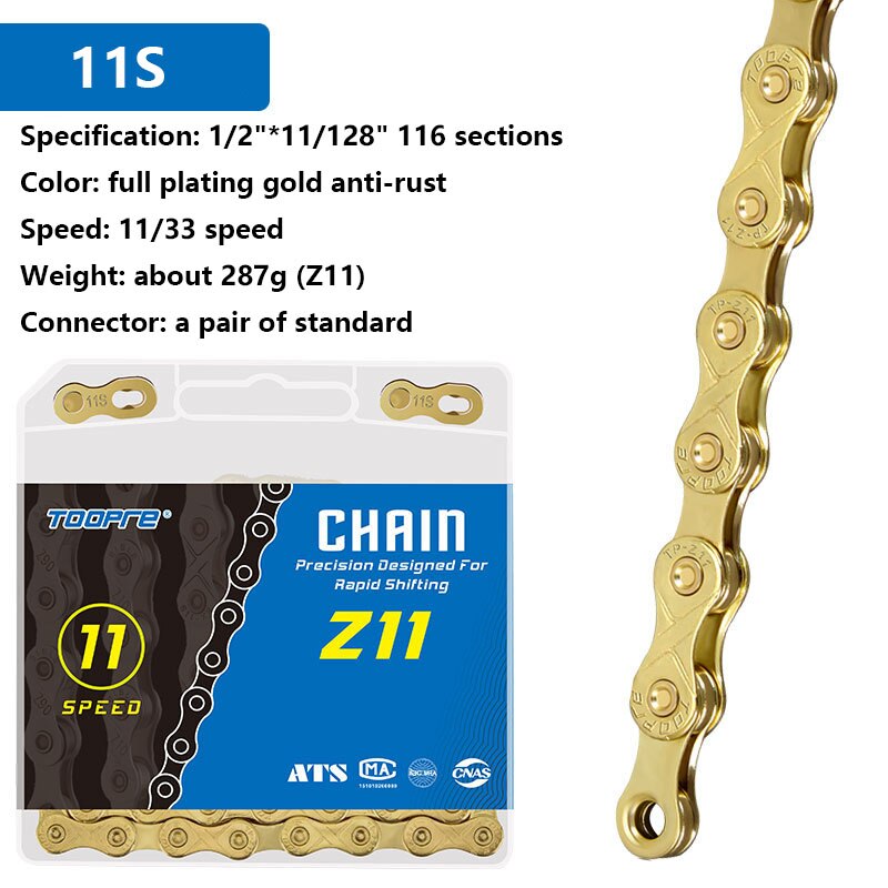 TOOPRE Catena per bicicletta 6 7 8 9 10 11 12 velocità MTB Bici da strada in acciaio al carbonio a velocità variabile catena dorata placcatura completa antiruggine 116L: Radura