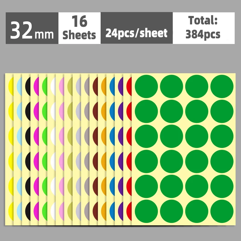 Autocollants à pois auto-adhésifs, étiquette ronde, fournitures scolaires, document mixte, multi-taille, 6mm, 8mm, 10mm, 13mm, 16mm, 19mm, 25mm, 32mm, 50mm, 100mm, 16 feuilles: Bleu profond