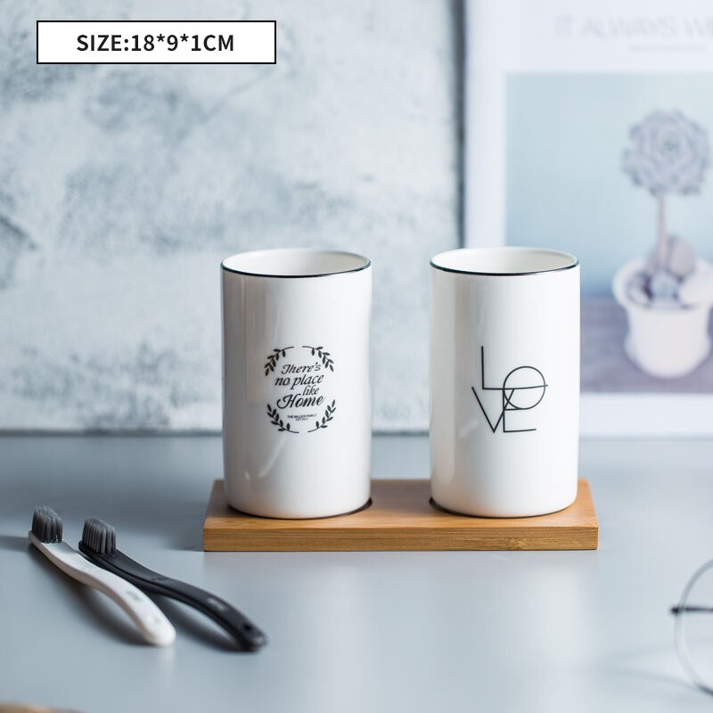 Multifunctionele Keramische Tandenborstelhouder Mond Cup Met Houten Lade Pen Case Badkamer Opslag Decoratie Accessoires Water Cup: 1-Two cups with tray