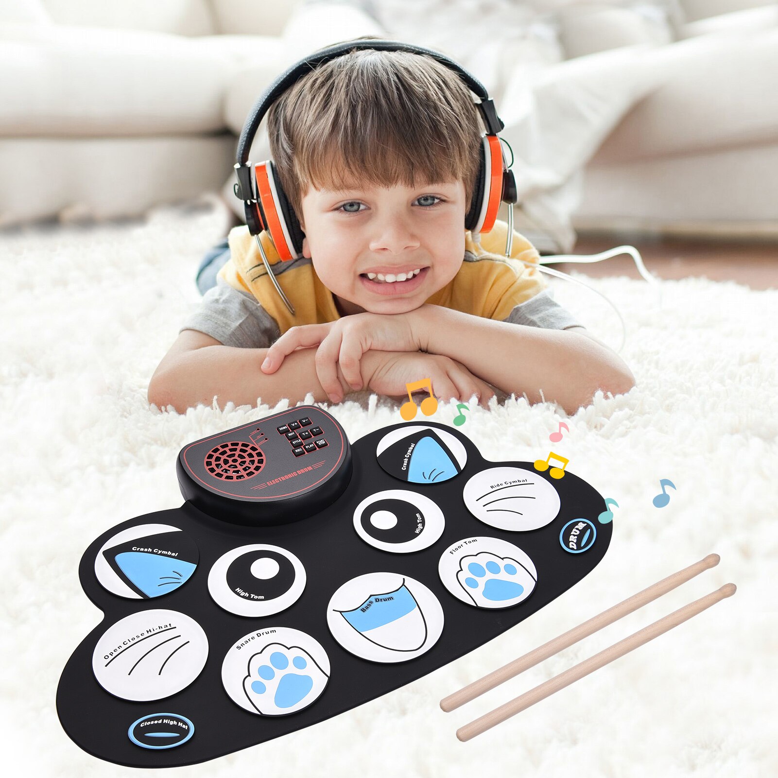 Roll-up Electronic Drum Pad Digital Drum 10 Rhythms Record 3.5mm Microphone Input Headphone Monitoring External Speaker Output