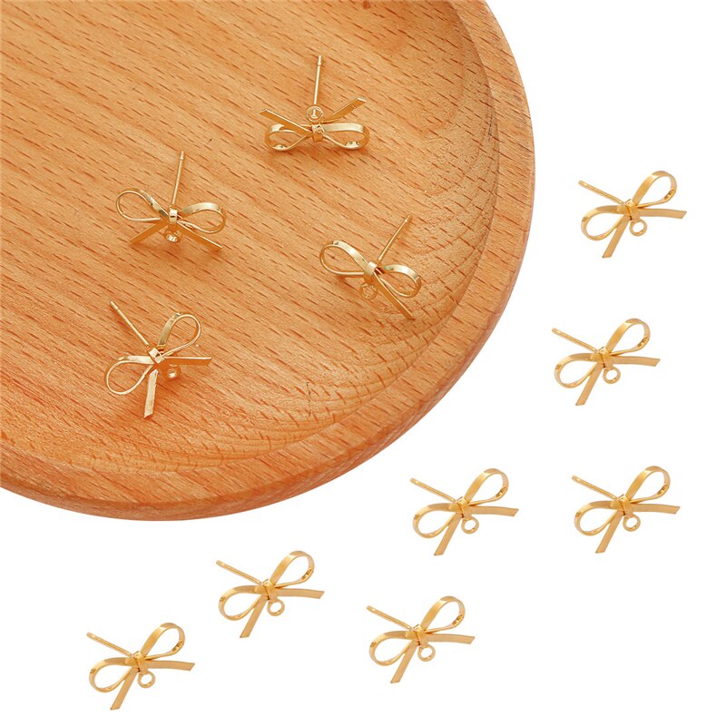 18K Gold Plated 1Pair 14.5x8.5mm Brass Copper Ribbon Bow Style Stud Earring for DIY Earring Jewelry Findings Making