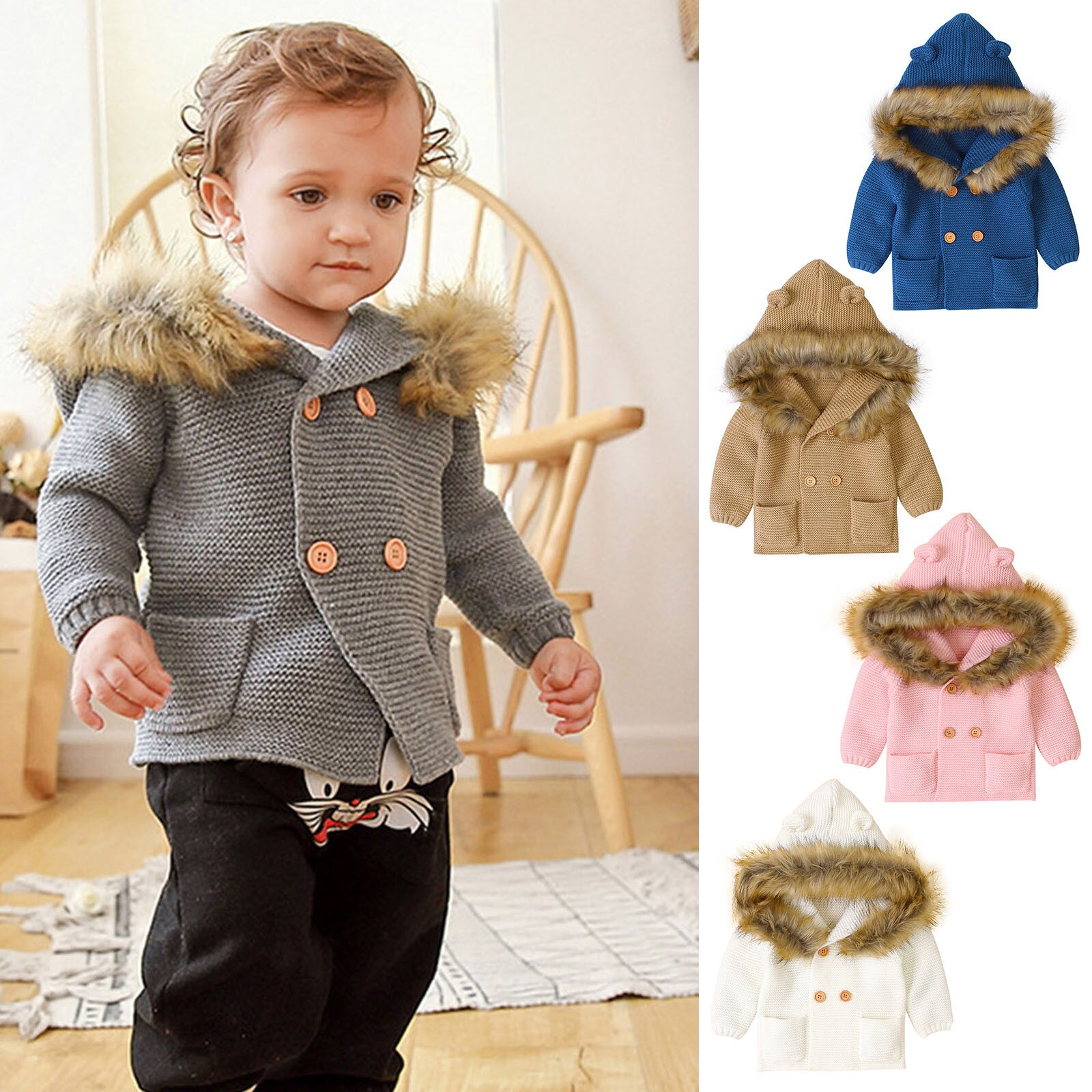 Kerst Undefined Baby Kleding Peuter Baby Onder Jongen Meisje Effen Kleur Trui Hooded Knit Faux Kraag Tops Warme Jas