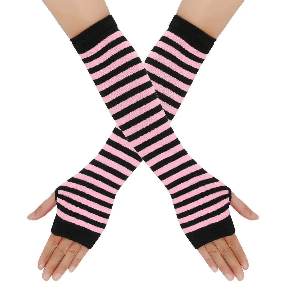 Frauen Emo Handschuhe Arm Hülse Wärmer Gestrickte Lange Fingerlose Handschuhe Fäustlinge Weihnachten Acces Gestreifte Ellenbogen Handschuhe: Black