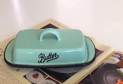 Emaljebakke i retro amerikansk stil med låg dessertbakke smørboks osteopbevaringsboks bestik serveringsbakke emaljeprocesfremstilling: Blå
