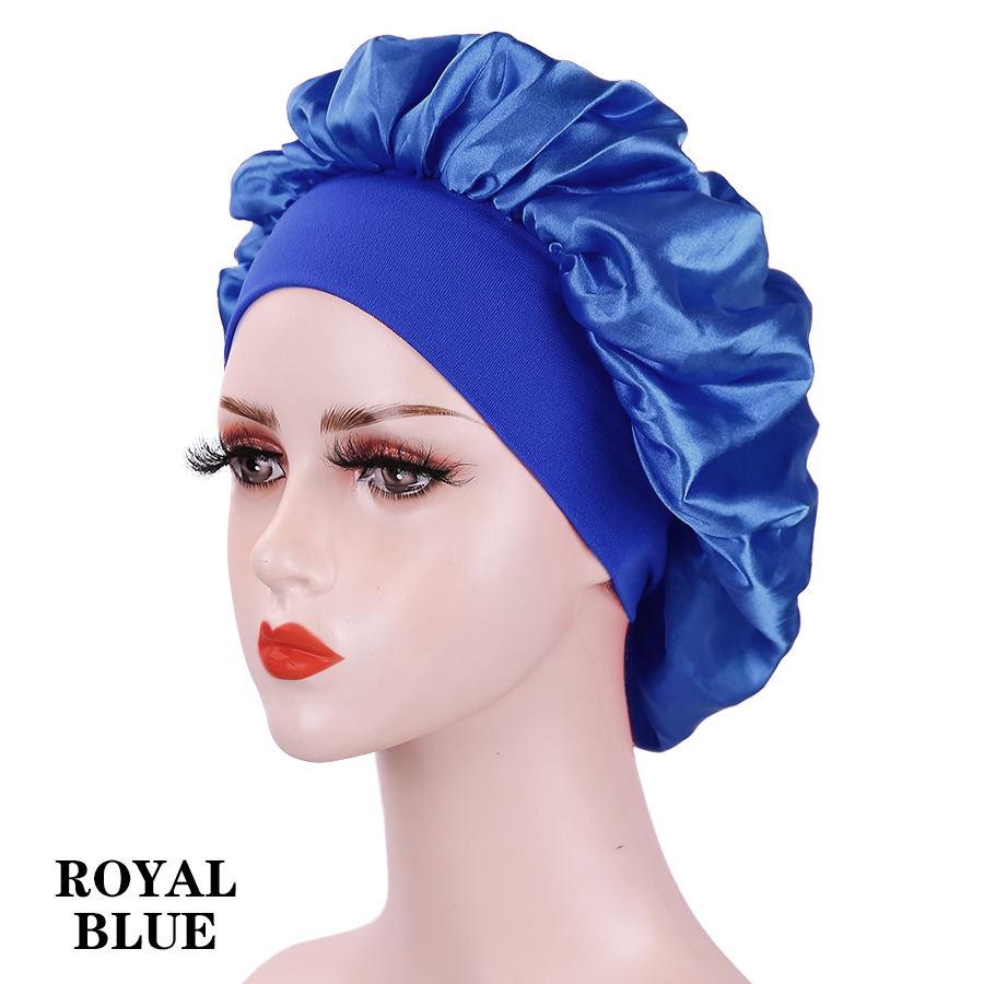 Wide Elastic Band Women Satin Night Sleep Cap Hair Bonnet Hat Silk Head Cover Women&#39;s Satin Solid Sleeping Hat Night Sleep Cap: ROYAL BLUE